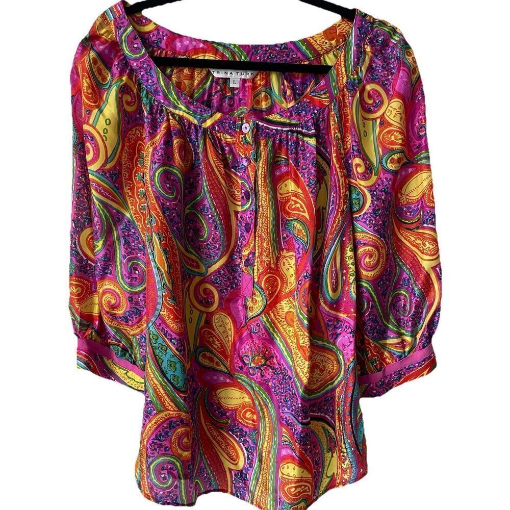 Trina Turk Colorful Paisley 100% silk  Women's  3/4 Sleeve Blouse Top Size Large